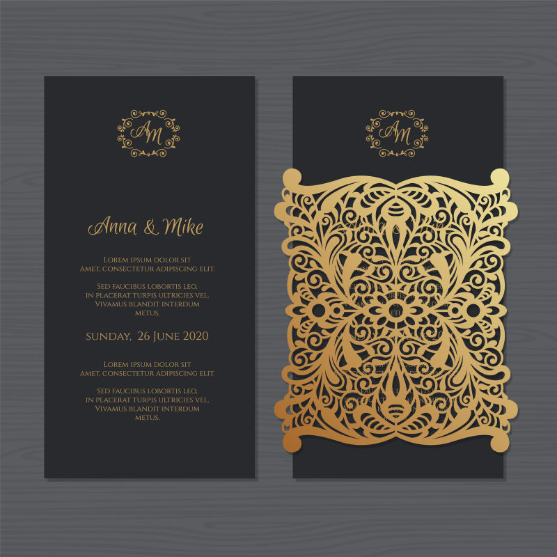 抽象矢量时尚金色纹样装饰的婚礼请帖设计