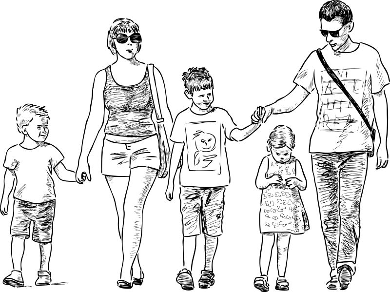 抽象矢量散步的年轻家庭素描插图设计