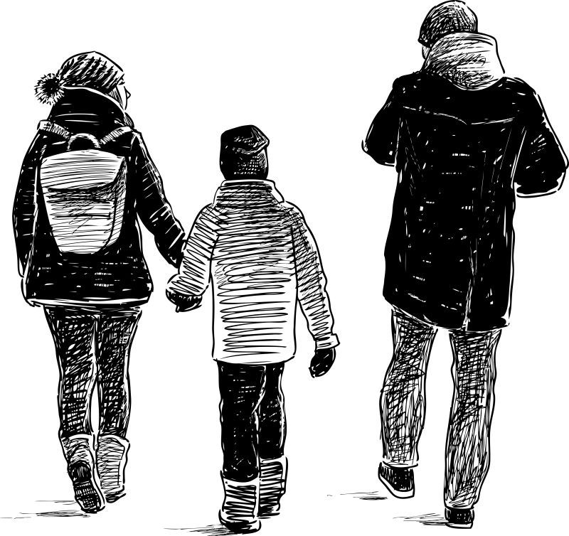 抽象矢量现代散步的一家人素描插图设计