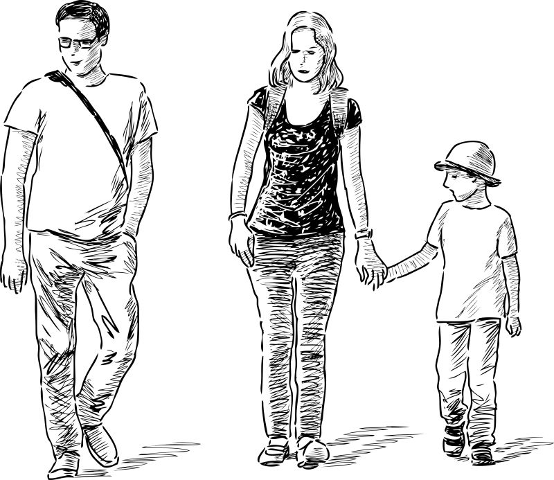抽象矢量现代散步的家庭素描插图