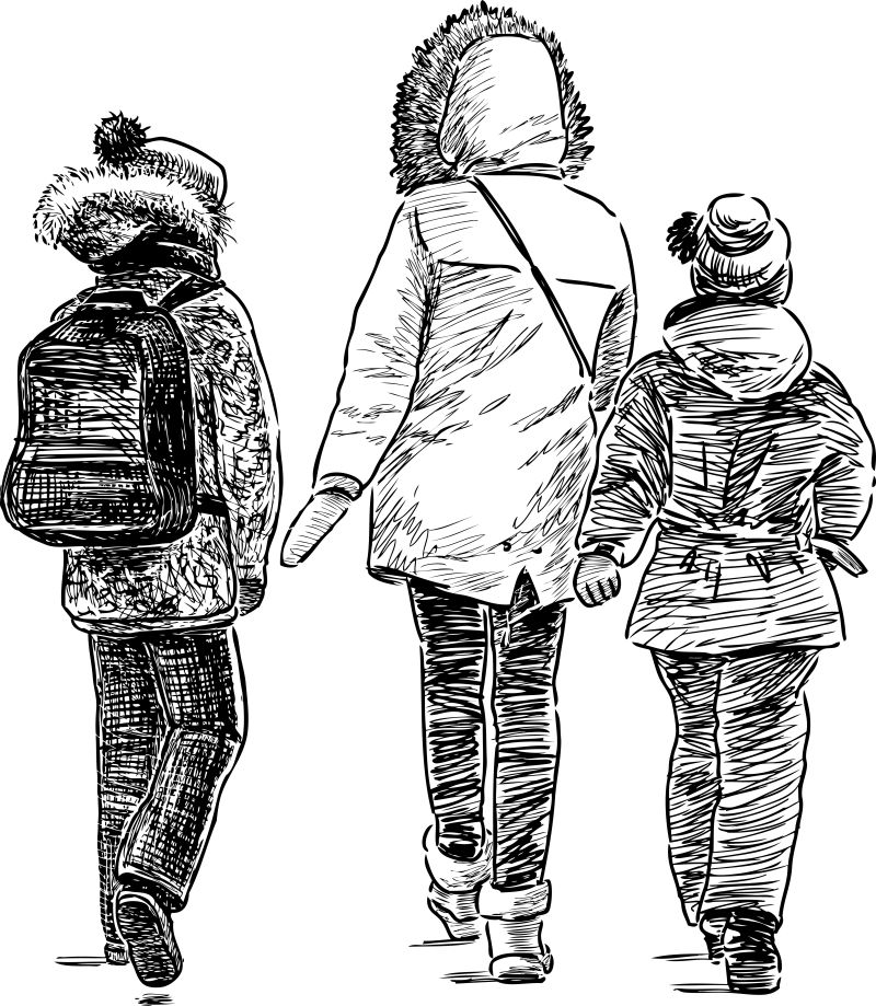 抽象矢量散步回家的家人背影素描插图