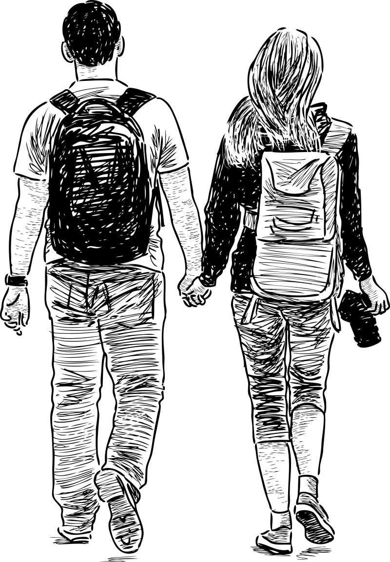 抽象矢量现代年轻夫妇背影素描插图