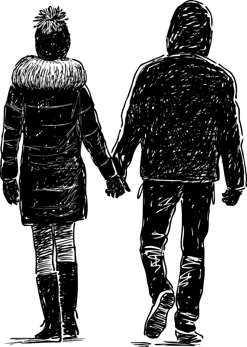 抽象矢量散步的年轻夫妇素描插图设计