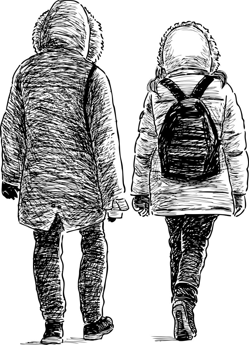 抽象矢量现代冬天散步的年轻人素描插图设计