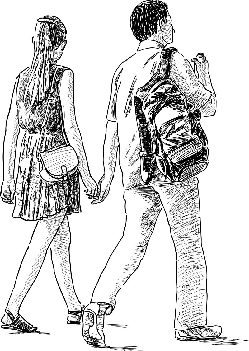 抽象矢量散步的年轻情侣素描插图设计
