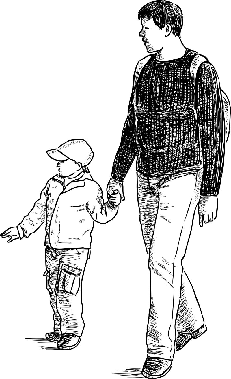 抽象矢量散步的父子素描插图