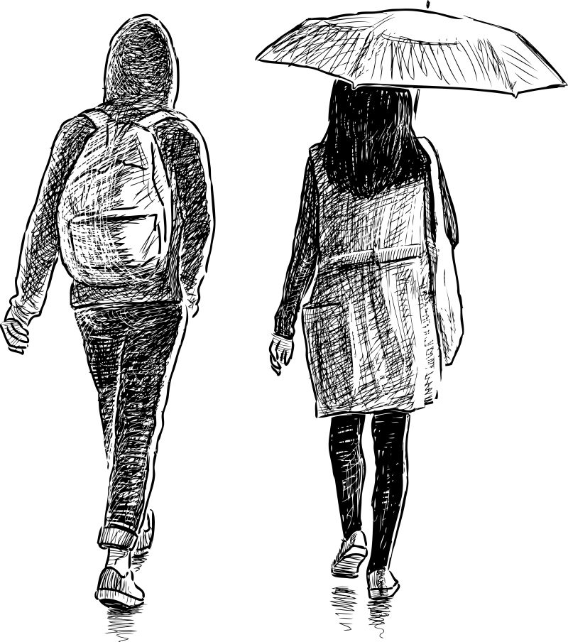抽象矢量雨中的年轻人素描插图设计
