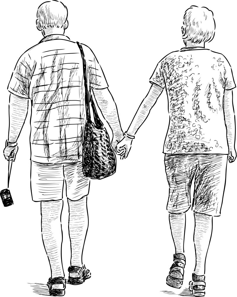 矢量牵手散步的老夫妻素描插图