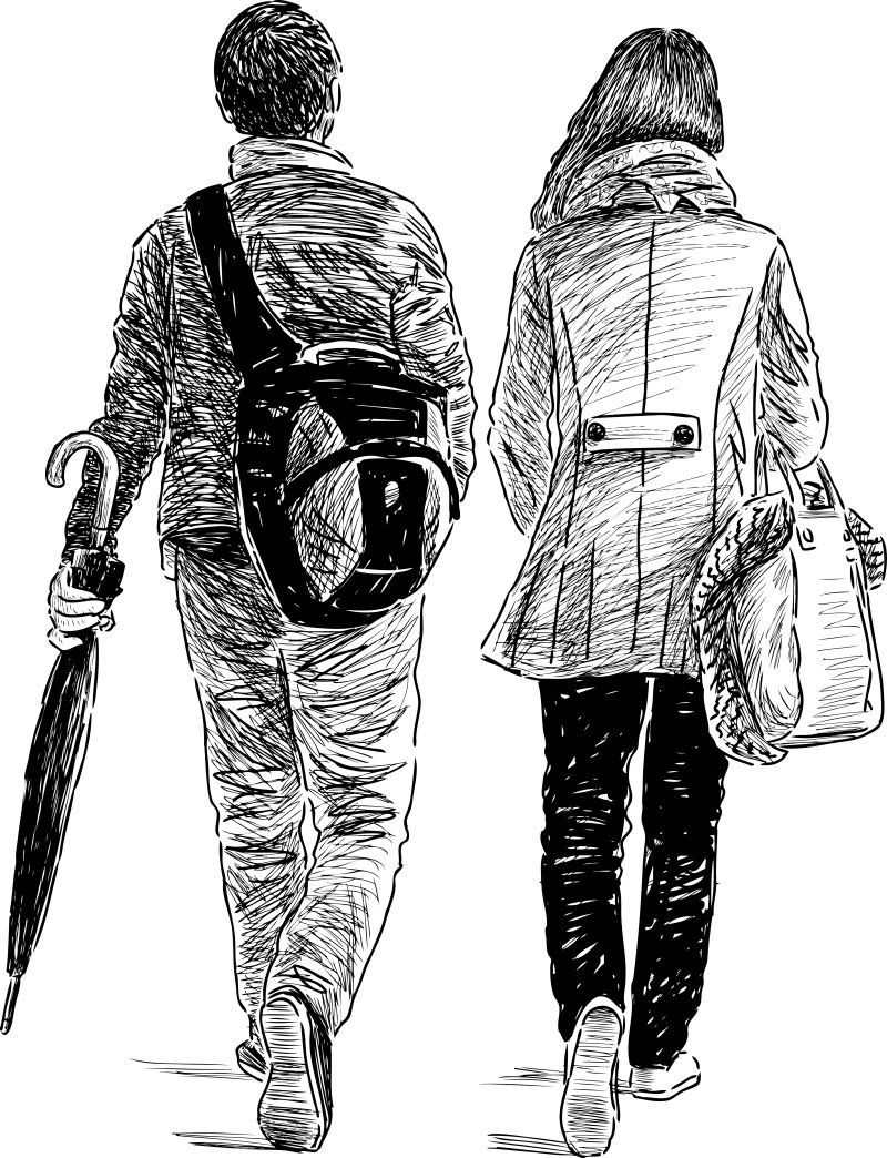 抽象矢量散步的年轻人背影素描插图