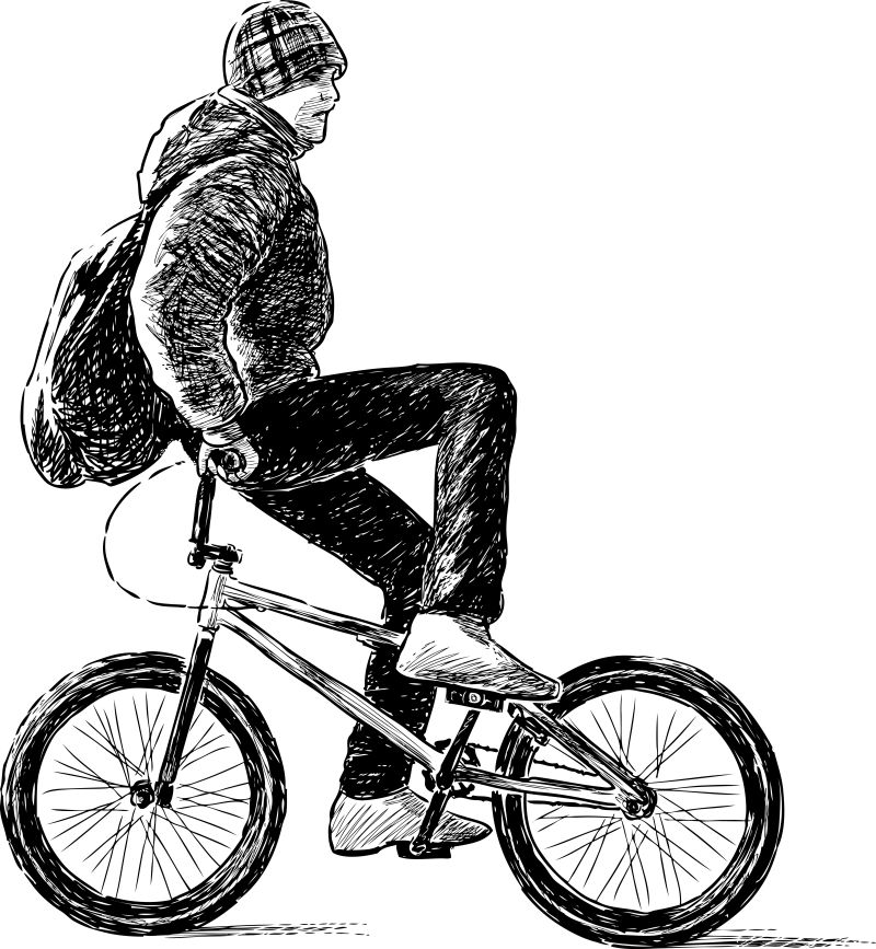矢量倒骑自行车的男孩素描插图设计