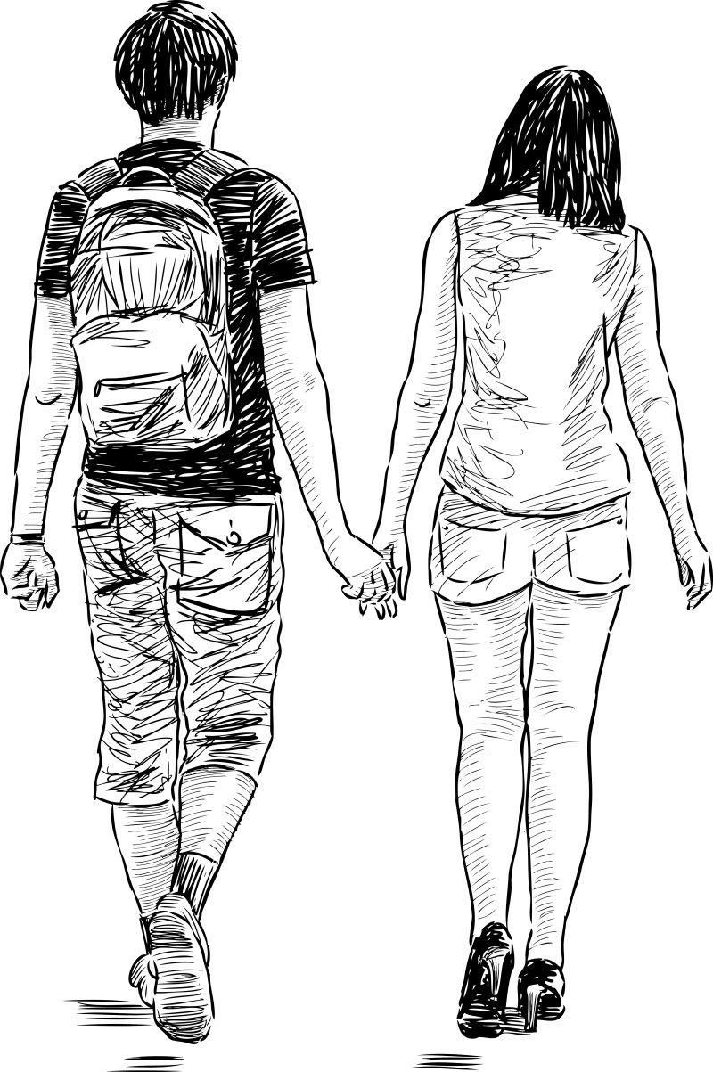 抽象矢量散步的年轻情侣插图设计