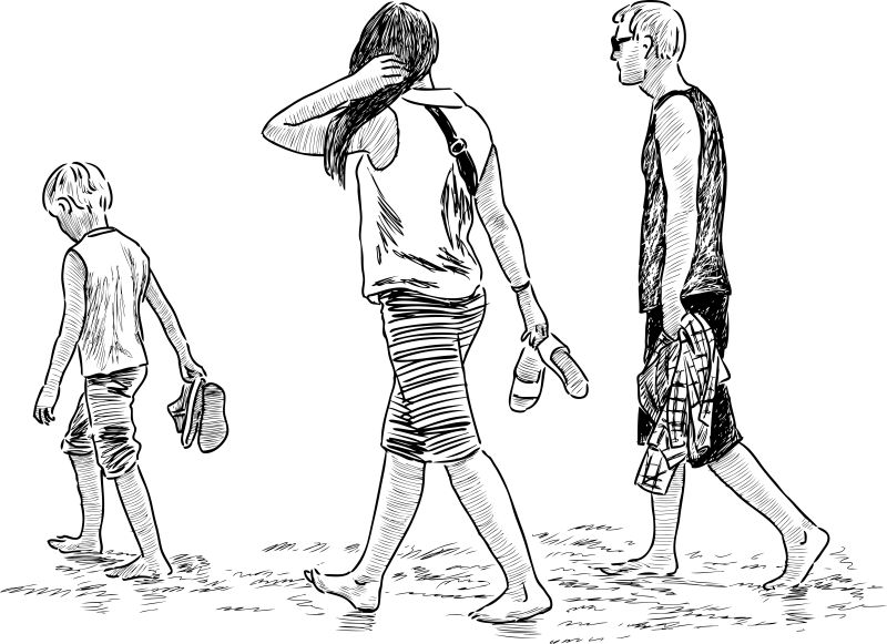 抽象矢量沙滩上散步的家庭素描插图