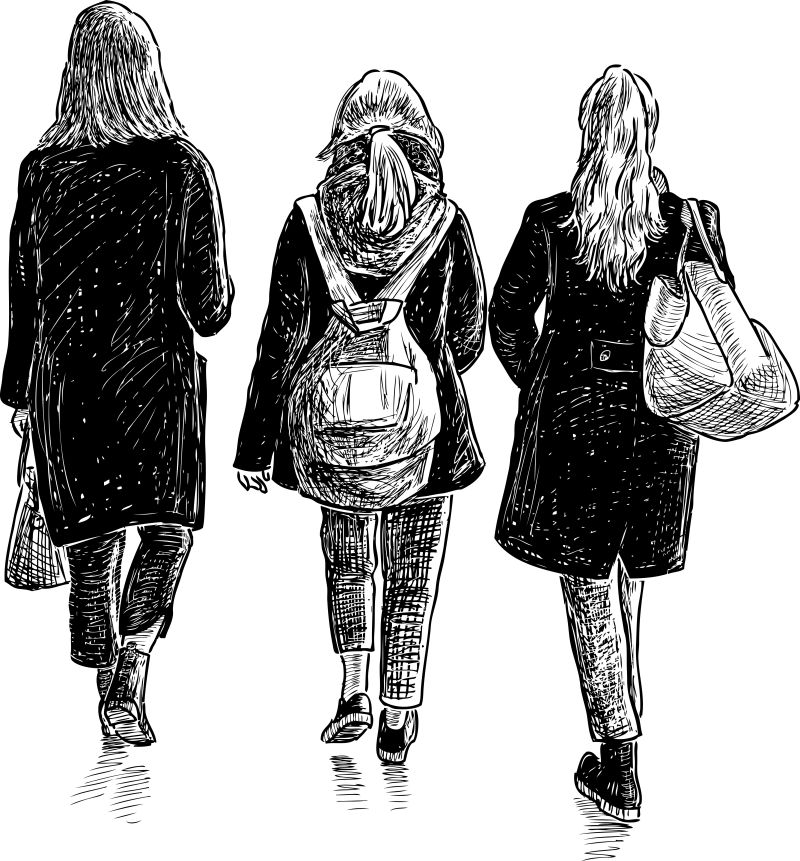 抽象矢量现代散步的女生素描插图