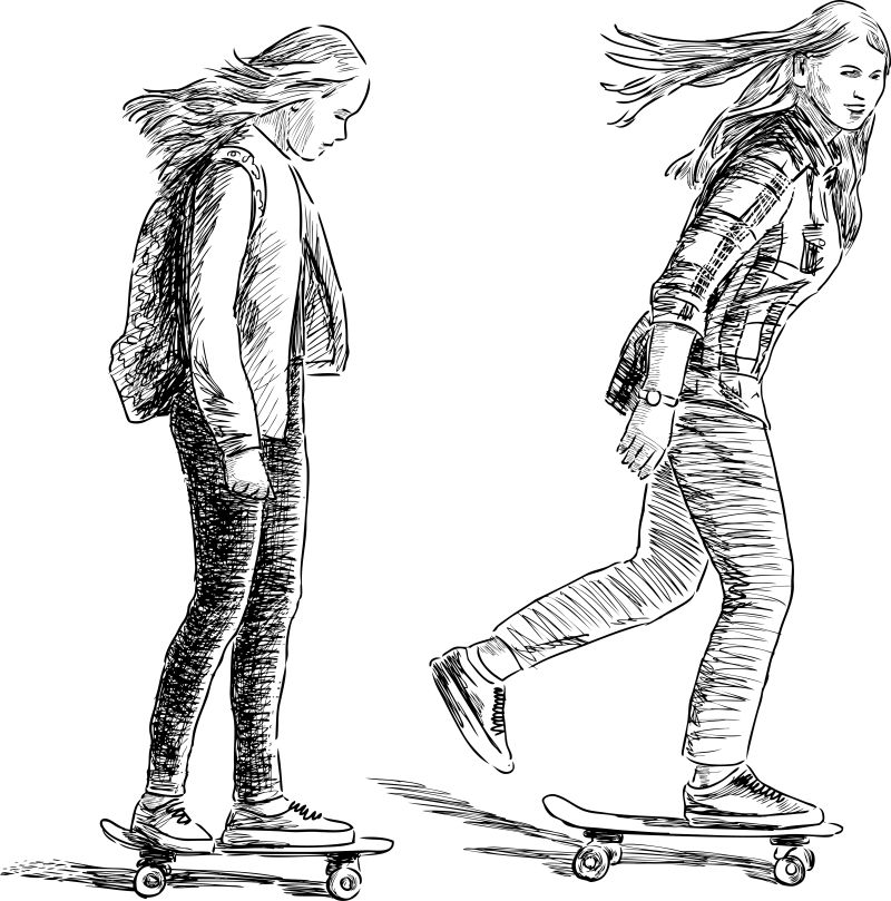 抽象矢量玩滑板的女孩素描插图设计