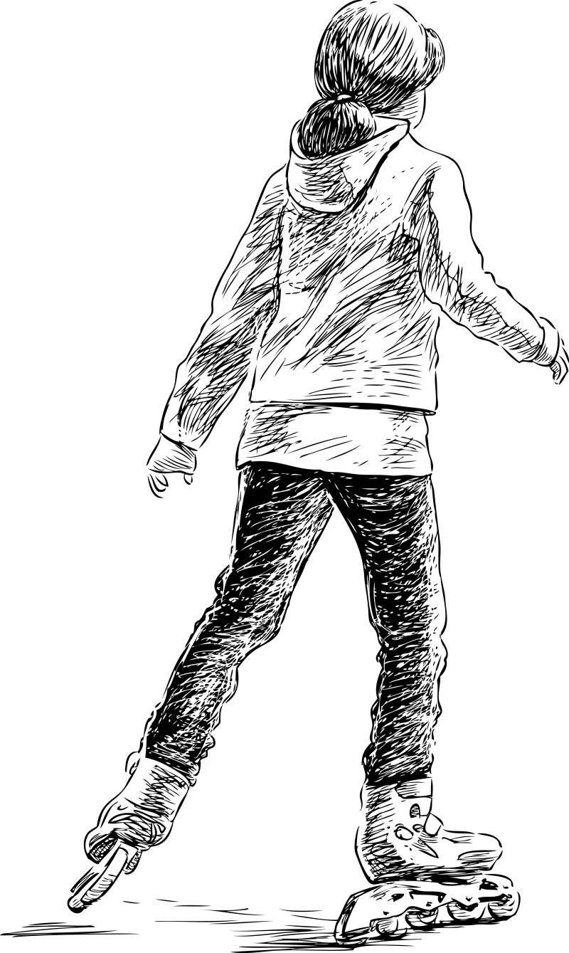矢量溜冰的女学生素描插图设计