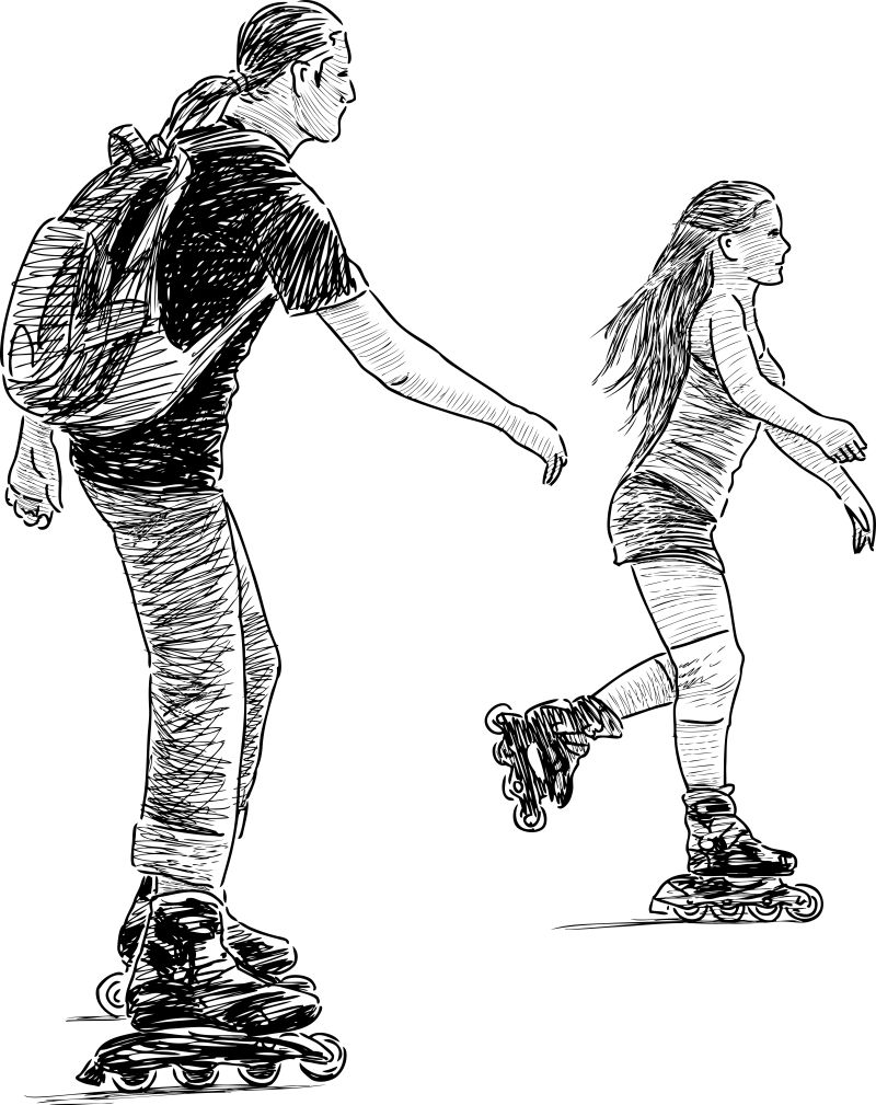 抽象矢量溜冰的年轻人素描插图