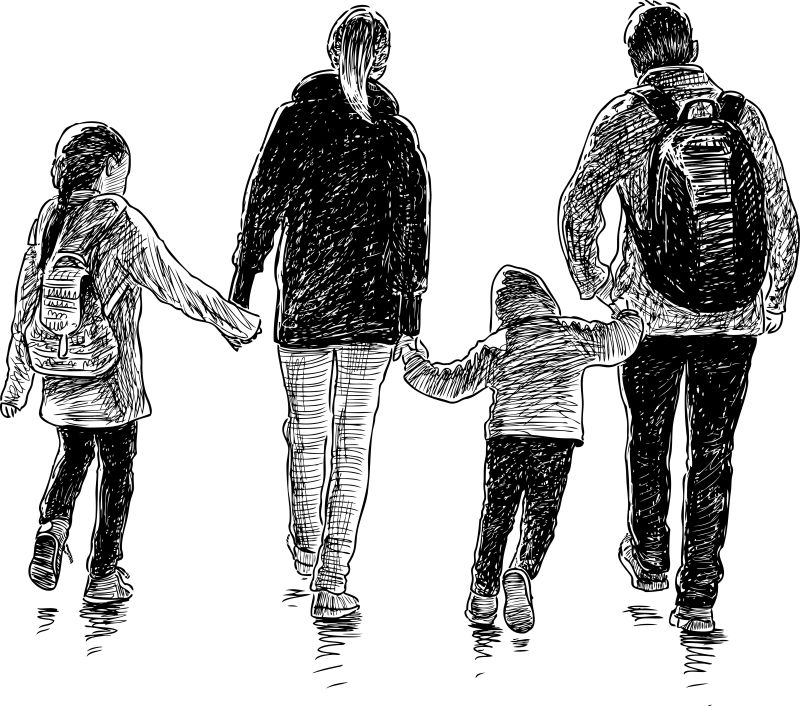 矢量散步的一家人背影素描插图设计