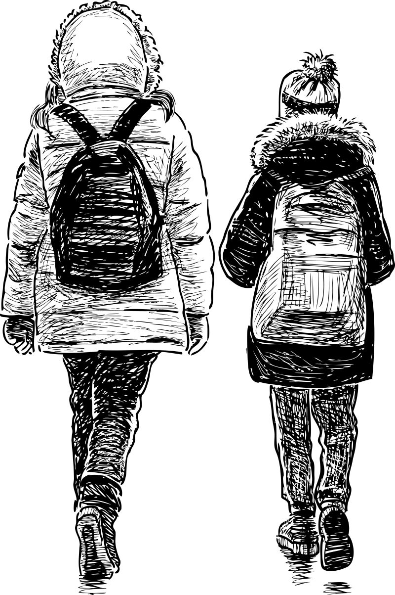 抽象矢量现代散步的学生背影素描插图设计