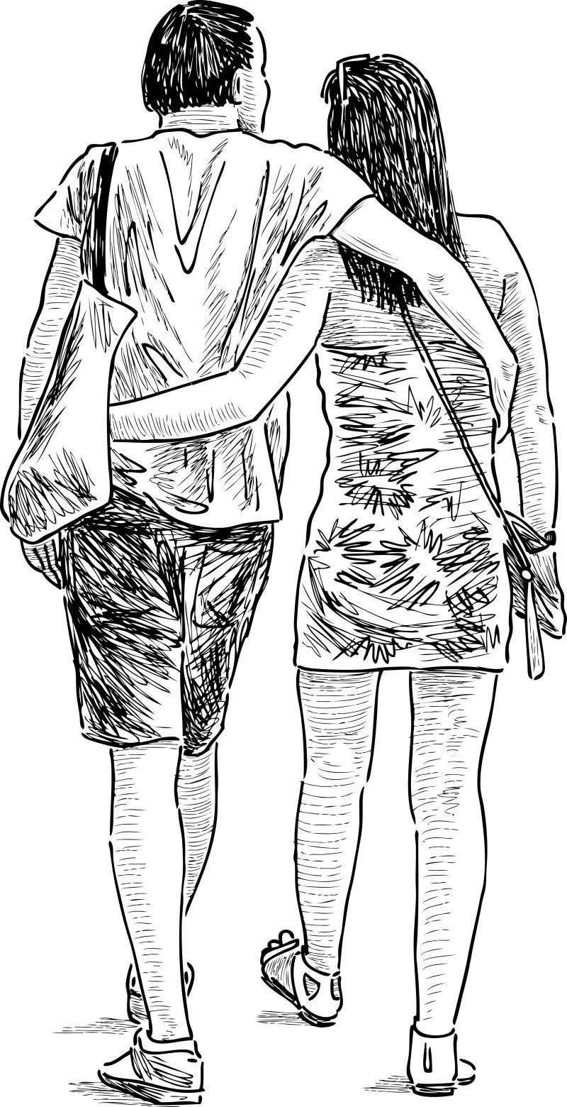 矢量散步的情侣素描插图设计