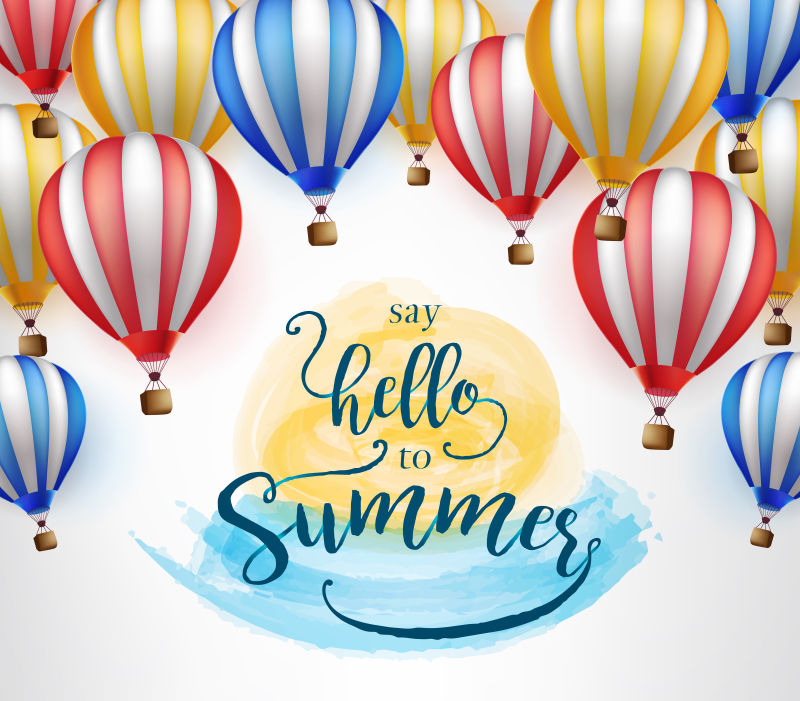 飞行热气球-橙色和蓝色水彩矢量图上的“向夏天问好”信息