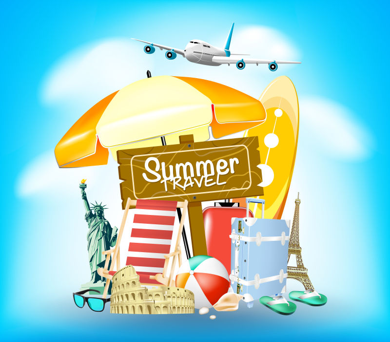 蓝色背景上的夏季旅行标志-带有旅行包和飞机矢量图