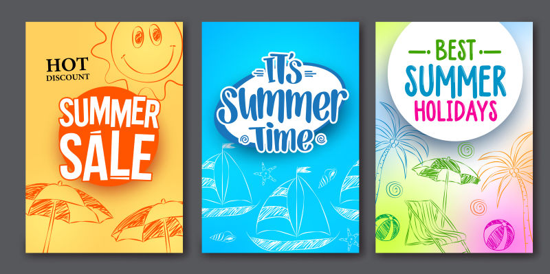 暑期销售和暑期矢量网络海报设计-设置了丰富多彩的背景和绘画元素-矢量图