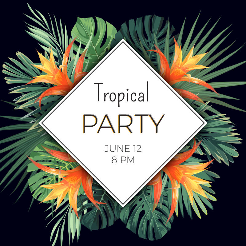 夏季派对的传单设计热带花卉和植物在黑暗的背景
