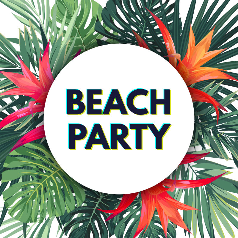 夏季海滩派对明亮矢量花旗模板热带飞行物有绿色的异国情调的棕榈和红色的花