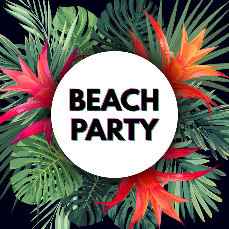 夏季海滩派对用暗矢量花旗模板热带飞行物有绿色的异国植物和红色的花