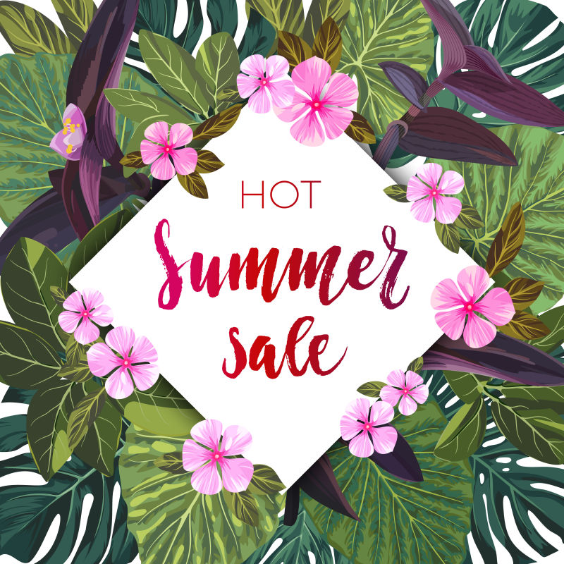 夏季热带销售设计带有异国情调的棕榈叶和粉红色的花丛林载体花卉模板