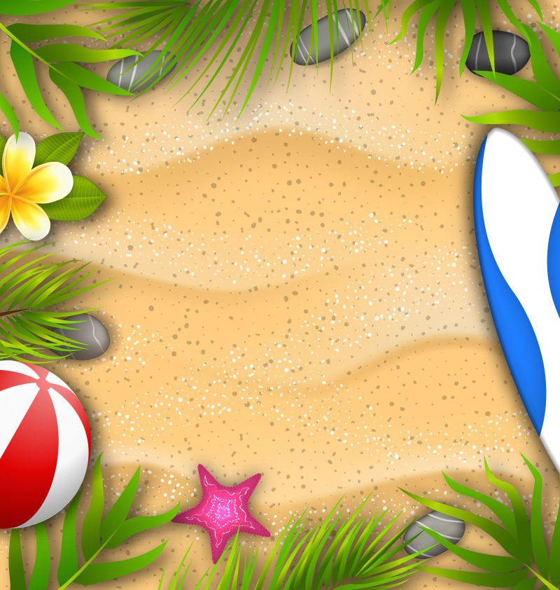 美丽的海报与棕榈叶-沙滩球-花椰菜-海星-冲浪板-沙质纹理