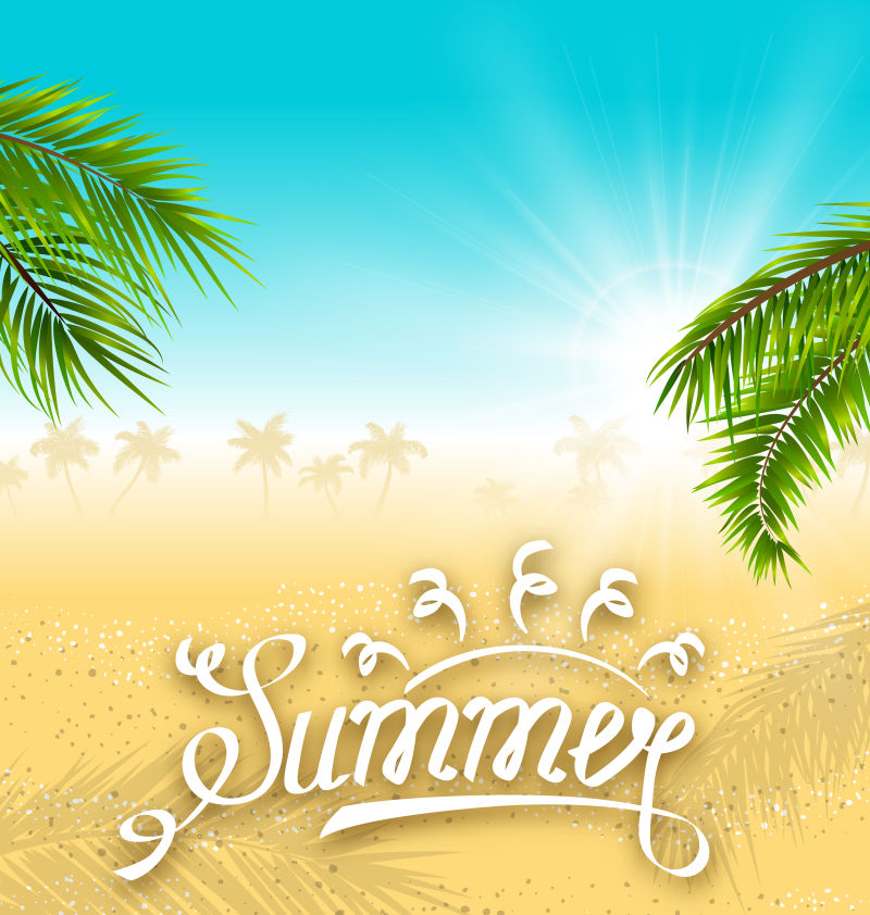 以棕榈叶和海滩为背景的热带自然-字体文本-度假海报模板