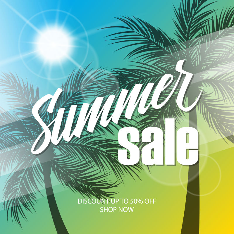 夏季销售背景-手写和棕榈树-用于商业-促销和广告-矢量插图