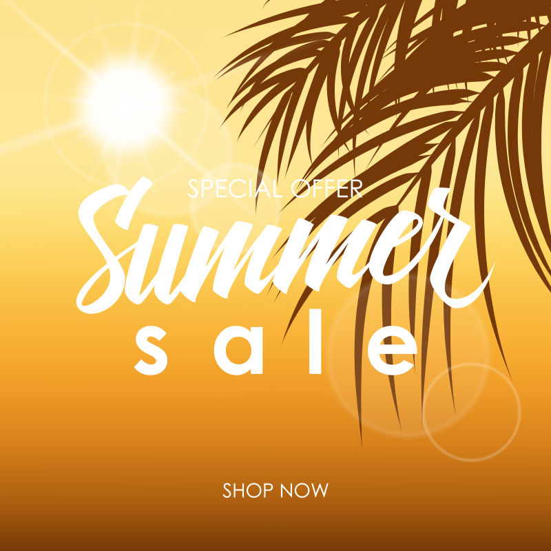 夏季销售横幅与手写和棕榈叶为商业-促销和广告-矢量插图