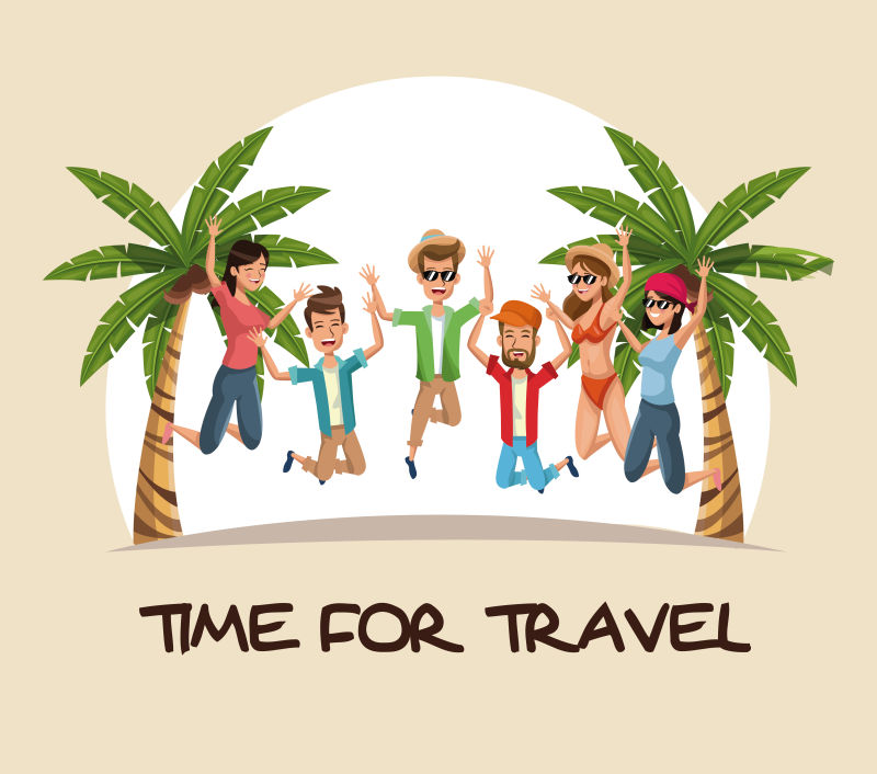 旅行时间-群人跳棕榈树沙滩设计
