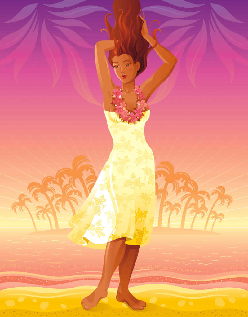 夏日人们游览海滩的背景美丽的棕褐色性感夏威夷呼啦舞女孩海古董派对海报热带日落傍晚矢量插图夏季棕榈岛景观模板