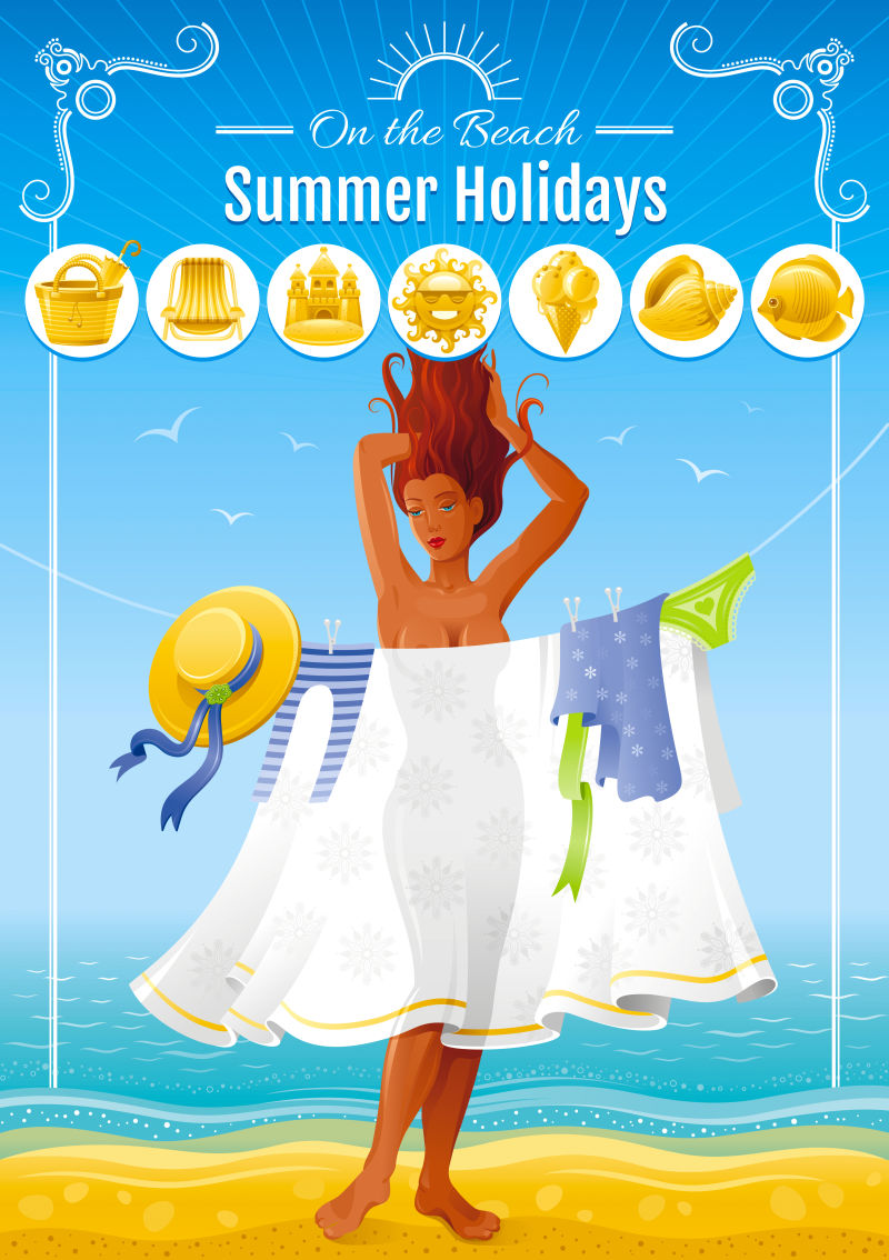 夏日旅游沙滩背景与美丽的棕褐色性感女孩带图标的夏日海滩派对邀请设计