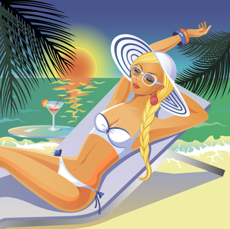 抽象矢量现代海滩度假的美女平面插图