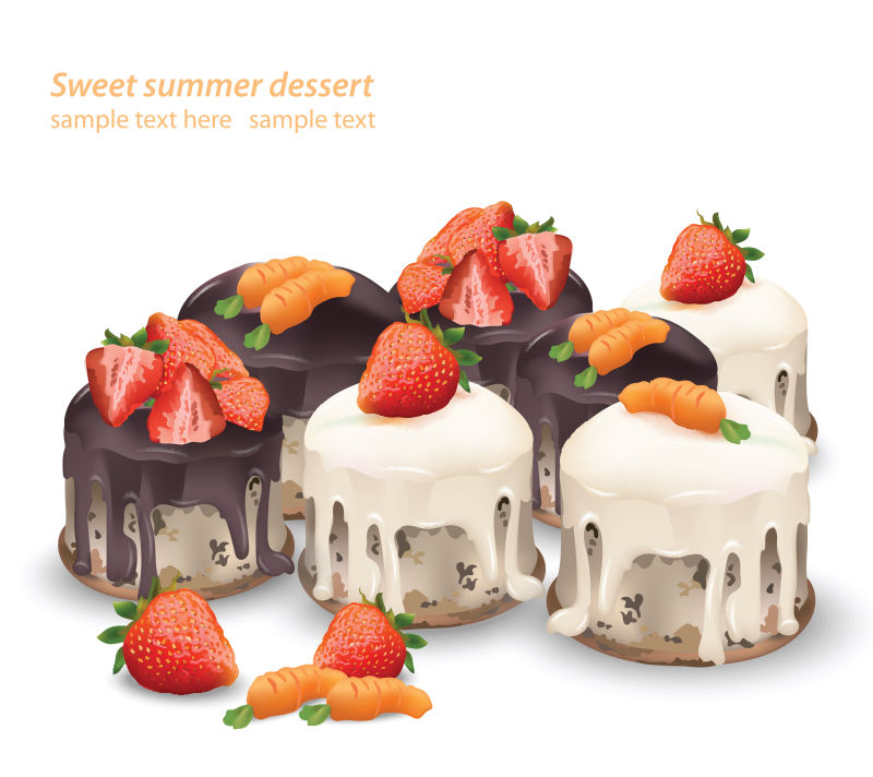 美味的甜点和水果巧克力和胡萝卜蛋糕夏日糖果面包店招待向量插图