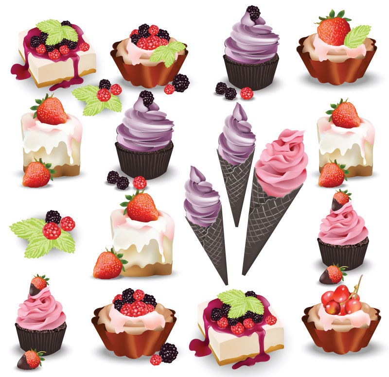 一套美味的甜点和水果夏日糖果面包店招待向量插图