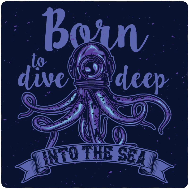 T恤或海报设计-带潜水头盔章鱼插图