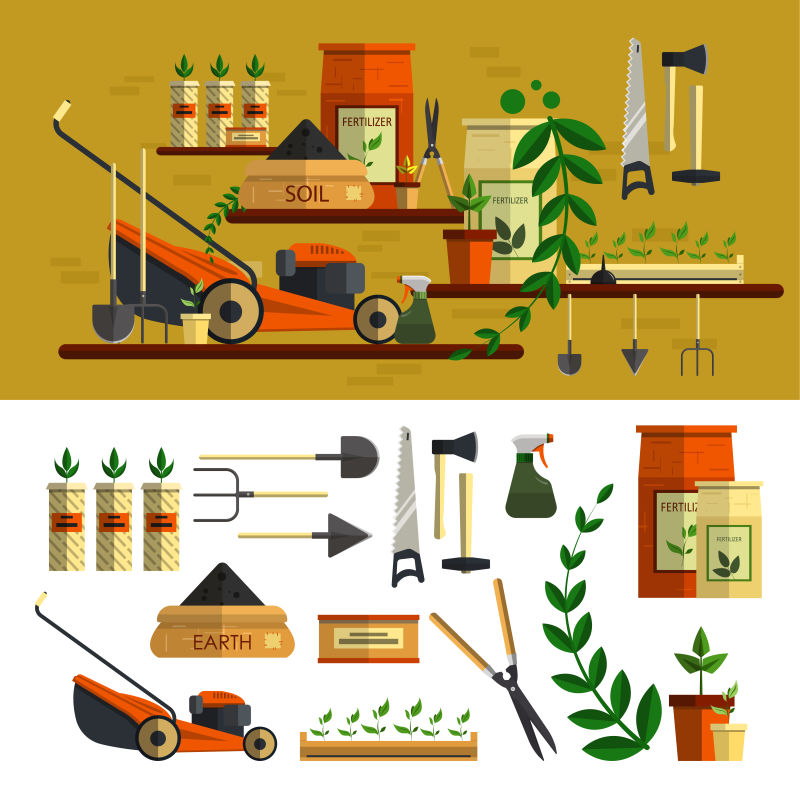 园艺工具插图矢量图标集平面设计在花园概念中工作割草机土壤工具
