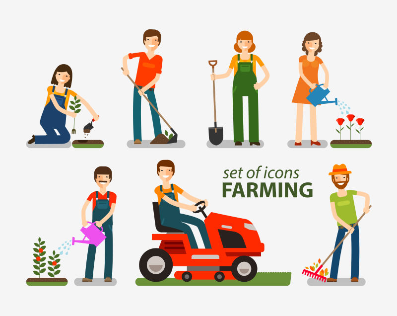 农业和园艺一套图标在农场工作的人矢量图解