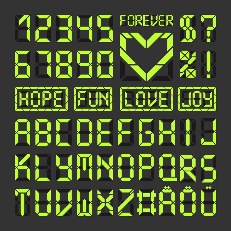 数字LED字体字母和数字-黑色上的酸绿拉丁字母-心形符号和一些例句