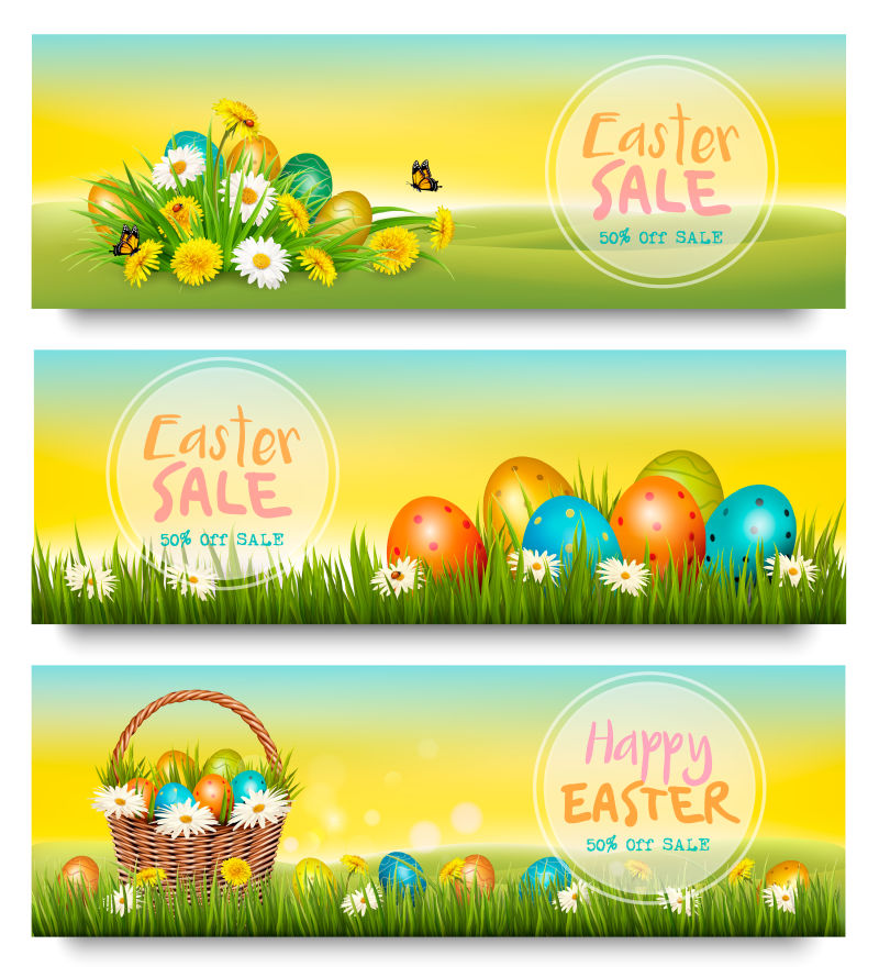 三个复活节销售横幅绿草和嫩枝上的彩蛋