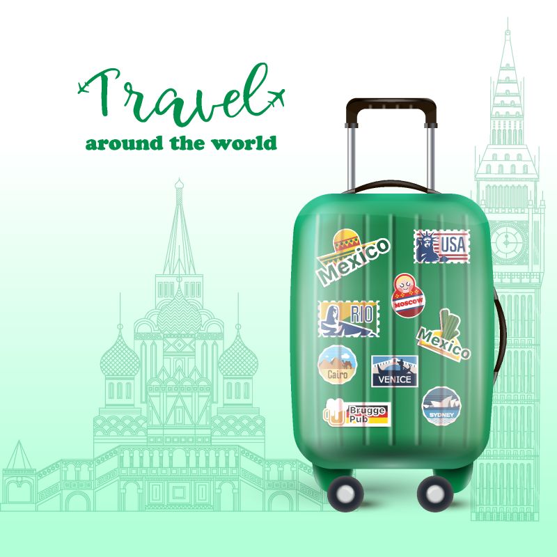 绿色行李袋的矢量图-带有全球航行的大量国家邮票