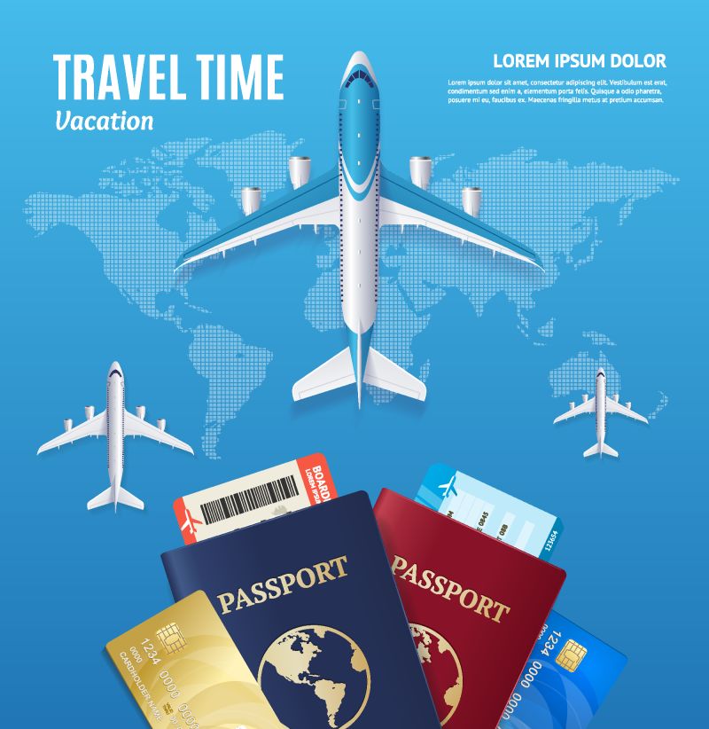 旅行时间概念-带护照和登机牌的蓝色地图探险旅游商务元素-旅游服务矢量图