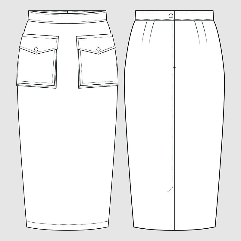 铅笔裙-带有超大的口袋-时装插画-CAD-技术图纸-规格图-钢笔工具-可编辑