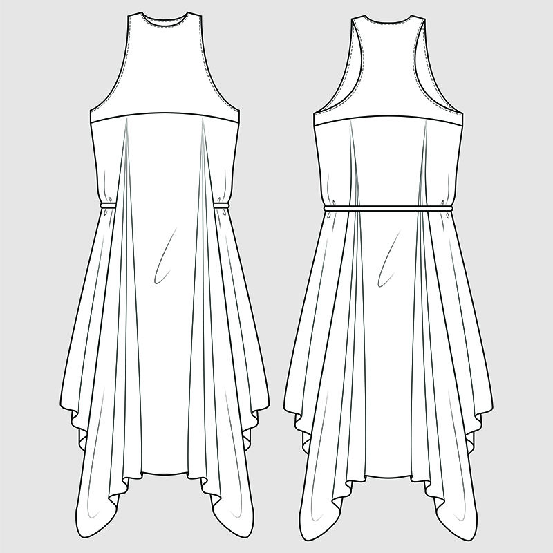 赛车手后背垂褶礼服-时装插画-CAD-技术图纸-规格图-钢笔工具-可编辑