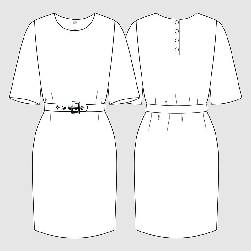 四分之三袖连衣裙-后领圆顶细节-时装插画-CAD-技术图纸-规格图-钢笔工具-可编辑